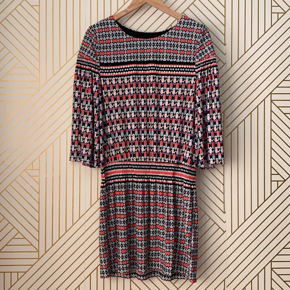 Laundry By Shelli Segal Geometric Deco Patterned 3/4 Sleeve Dress Spiced Coral